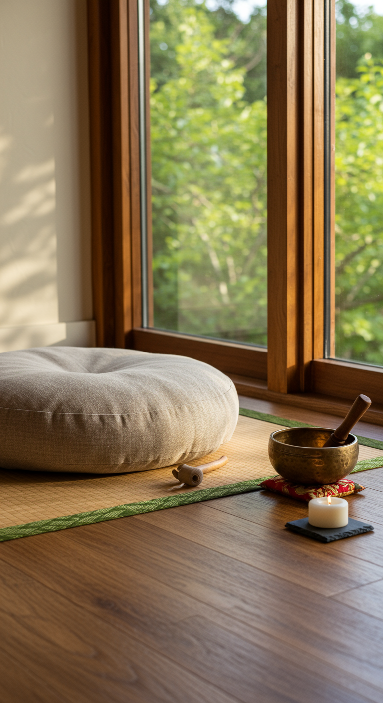 Ruhige Ecke am Fenster mit Meditationskissen, Klangschale und Kerze auf einer Matte.