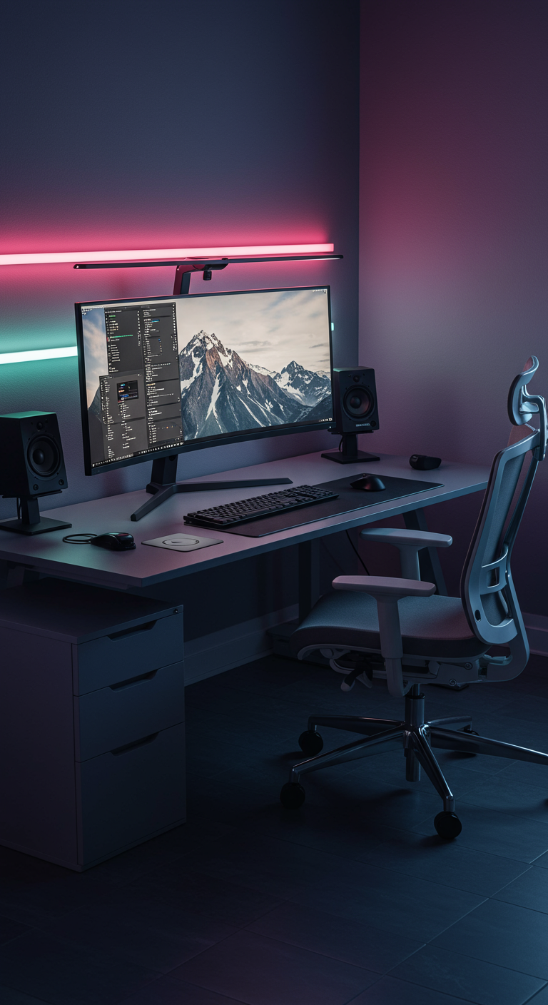 Modernes Tech-Home-Office mit großem Monitor, LED-Beleuchtung und ergonomischem Stuhl.