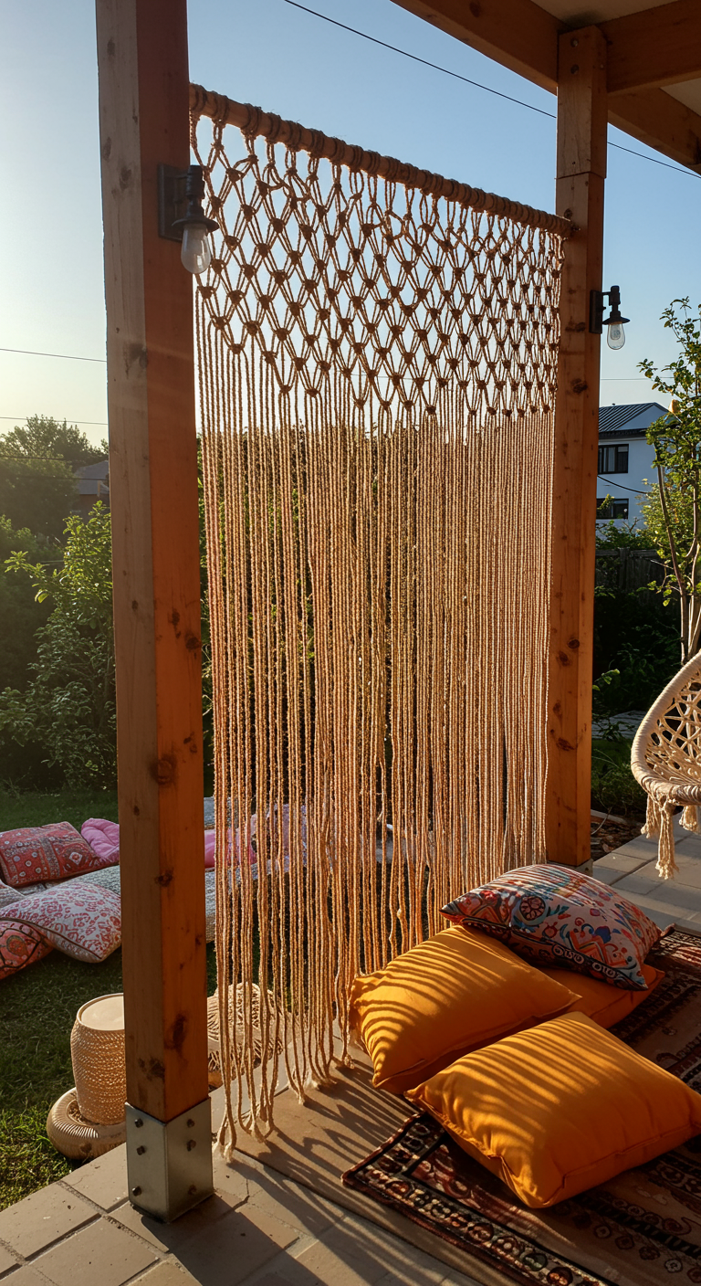 Großer Makramee-Wandbehang als luftiger Sichtschutz auf einer Terrasse im Boho-Stil.