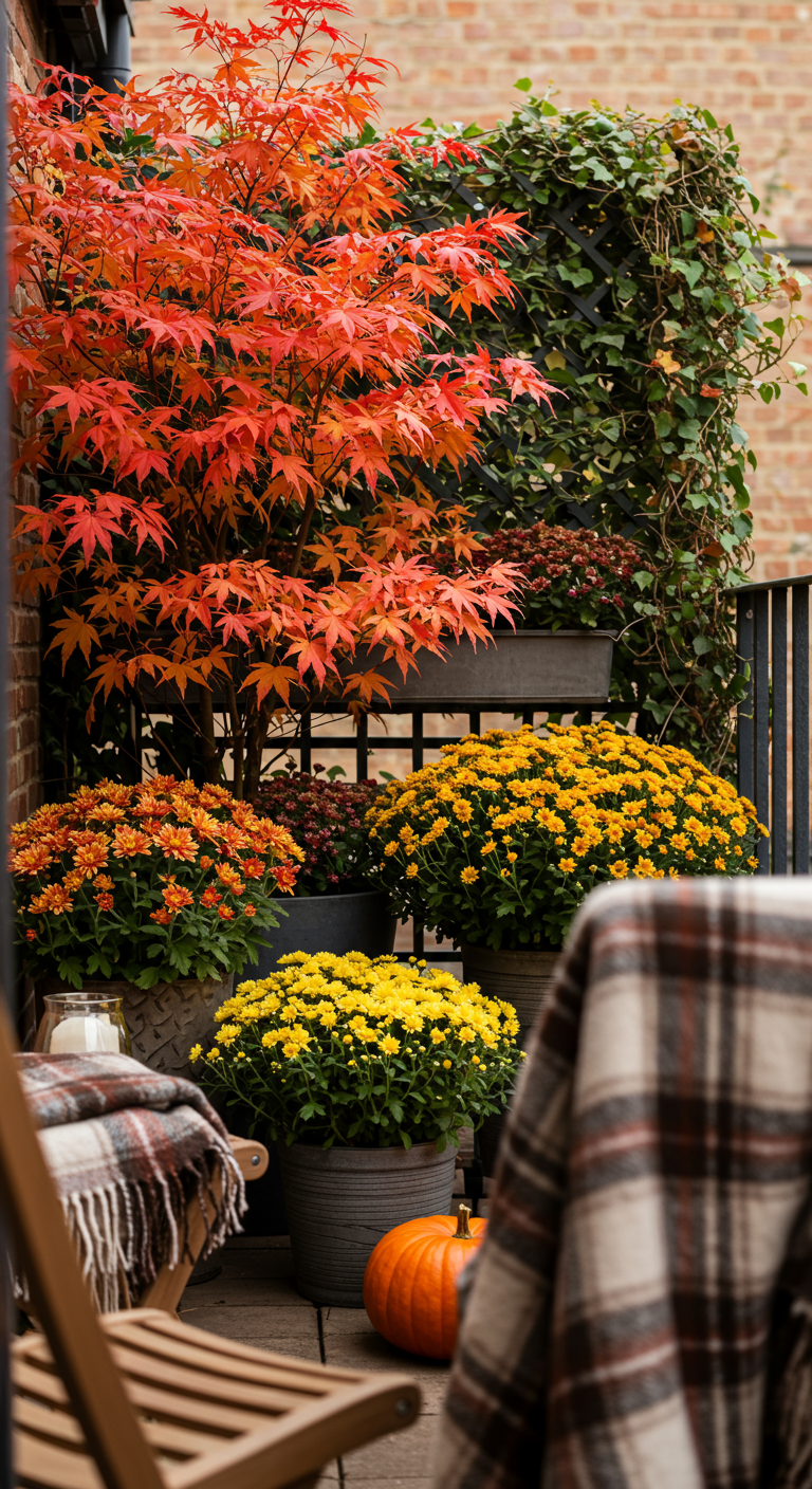Herbstlicher Balkon mit rotem Fächerahorn, gelben Chrysanthemen, Efeu und einer Decke.