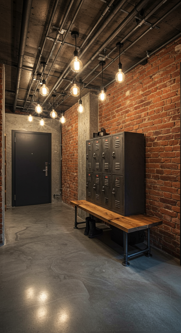 Flur im Industrial Style mit Metallspinden, Ziegelwand und Sichtbeton