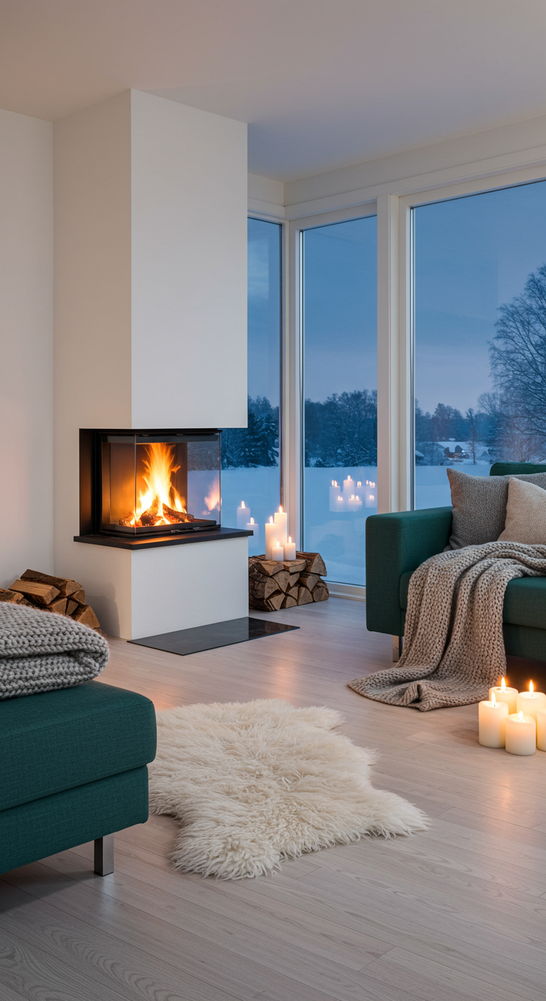 Modernes Wohnzimmer mit Kamin, dunklem Sofa, Decken und Kerzen im Winter.
