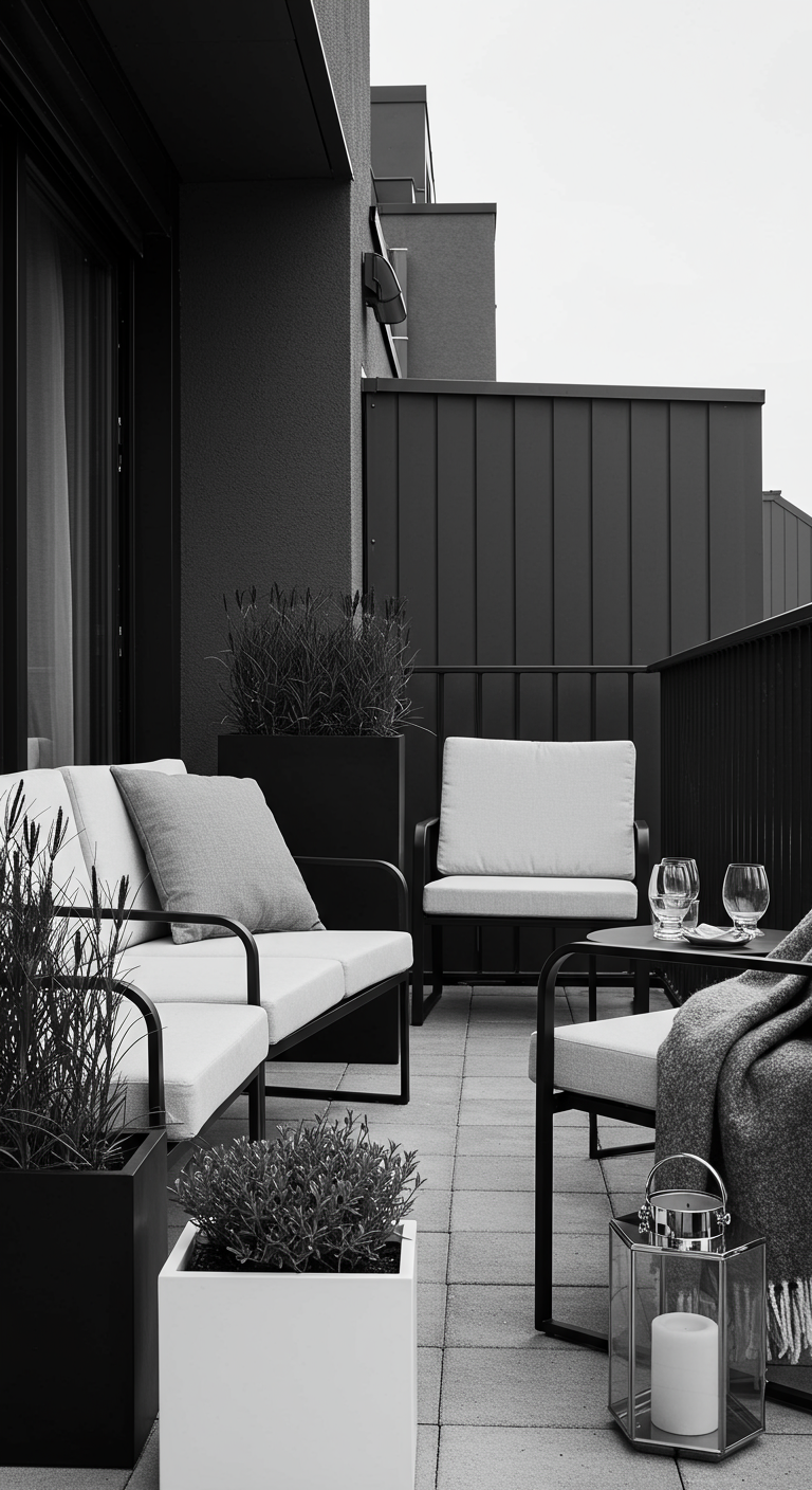 Moderner Balkon in Schwarz-Weiß mit Metallmöbeln und Pflanzkübeln.