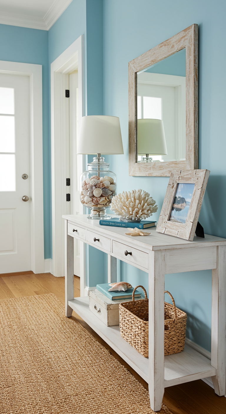 Flur im maritimen Stil mit weißer Konsole, blau gestrichener Wand und Muscheldeko.