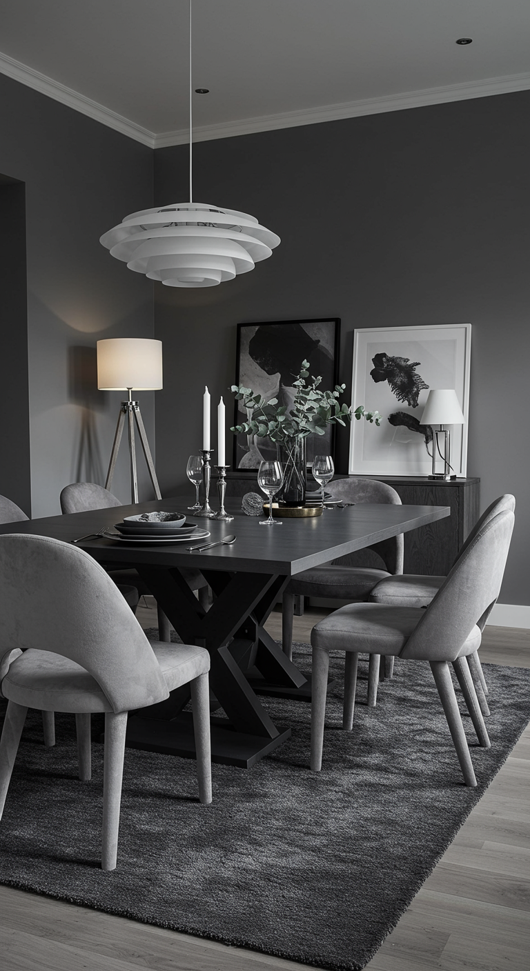Modernes Esszimmer komplett in verschiedenen Grautönen gehalten