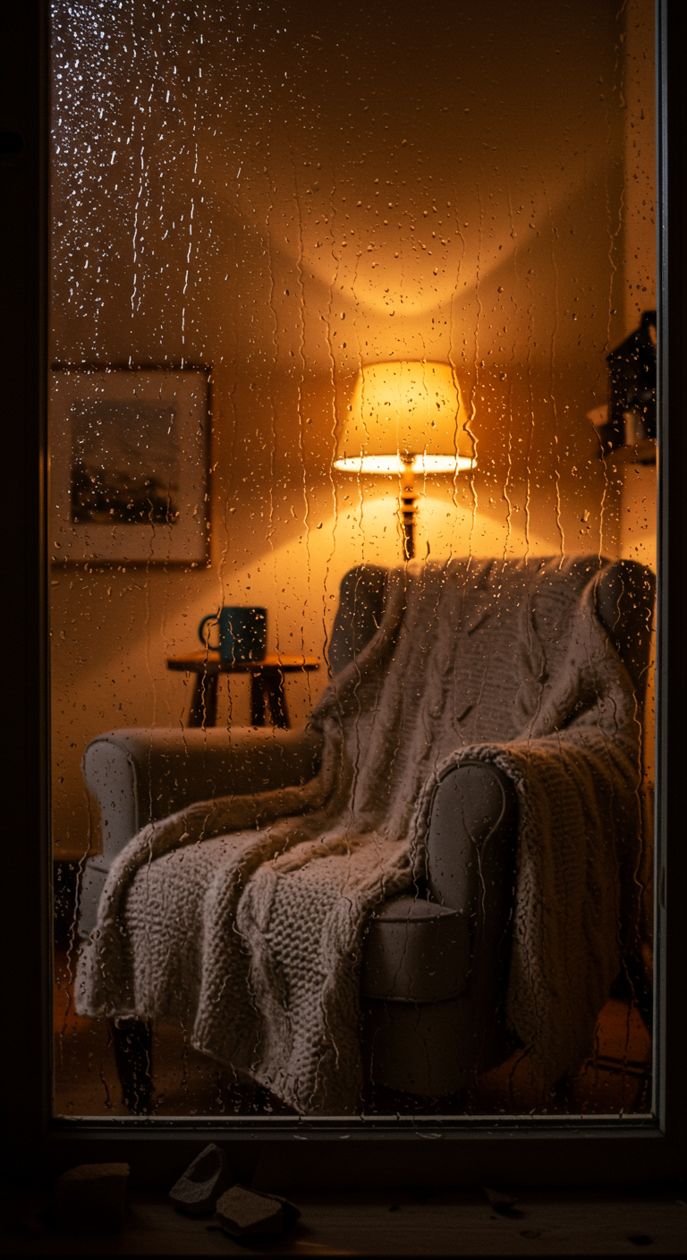 Blick durch ein verregnetes Fenster auf einen gemütlichen Sessel mit Decke.