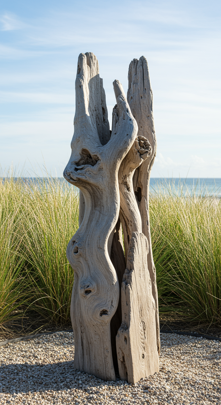 Großes, verwittertes Treibholzstück steht als Skulptur in einem Kiesgarten am Meer