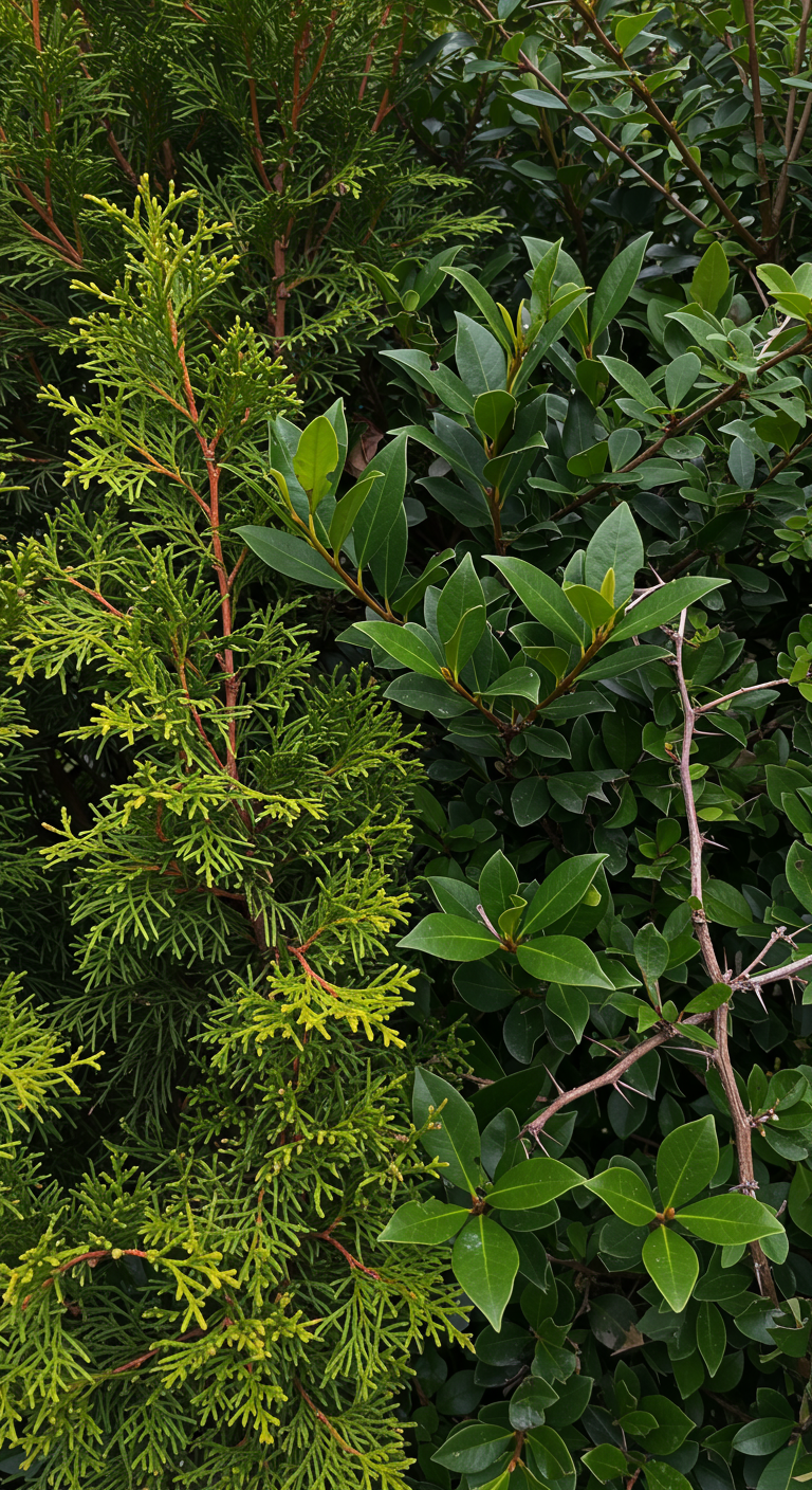 Nahaufnahme einer gemischten Hecke mit verschiedenen grünen Blattstrukturen und Dornen.
