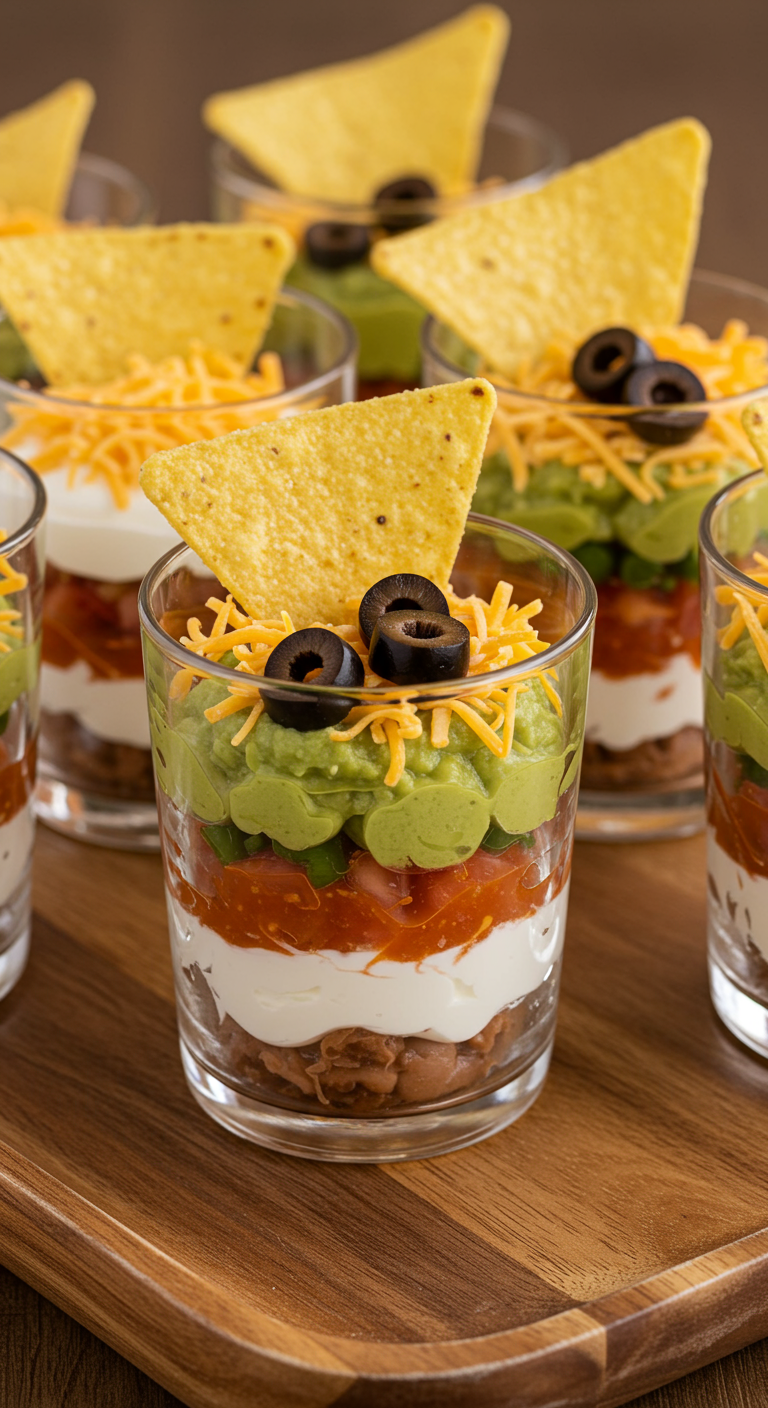 Gläser mit geschichtetem Taco-Dip: Bohnen, Sauerrahm, Salsa, Guacamole, Käse.