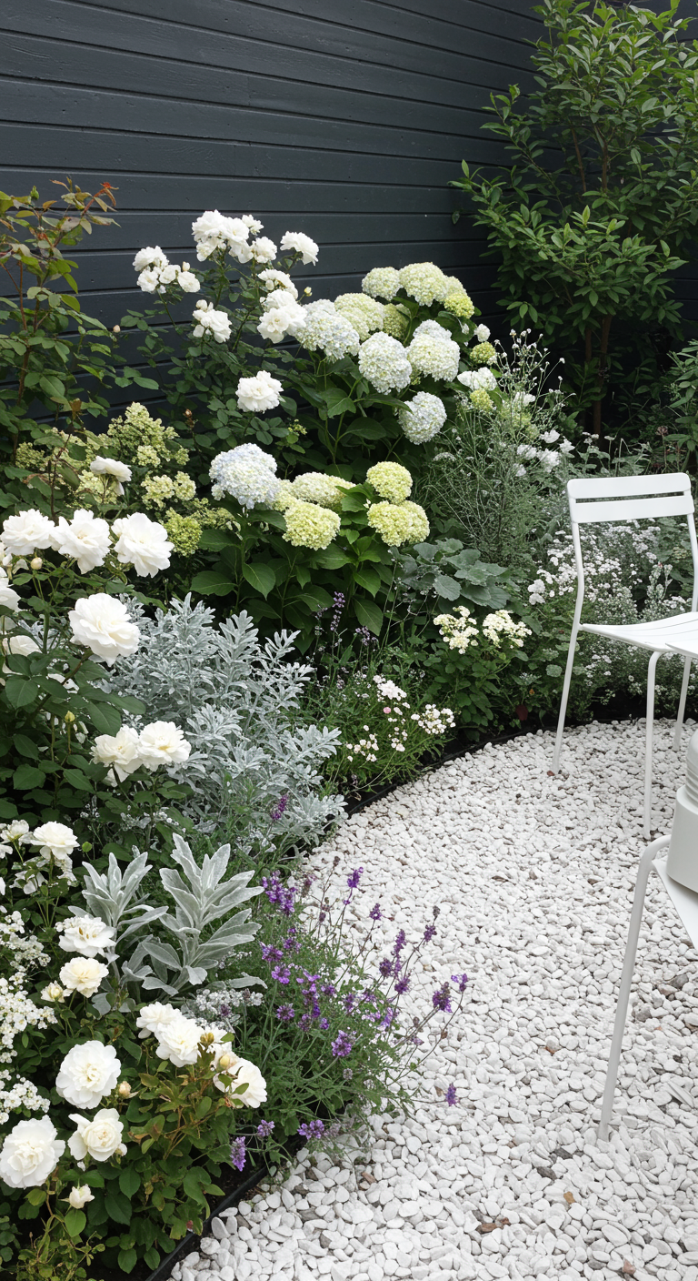 Gartenbereich mit weißen Rosen, Hortensien, silberlaubigen Pflanzen, hellem Kies und weißen Möbeln.
