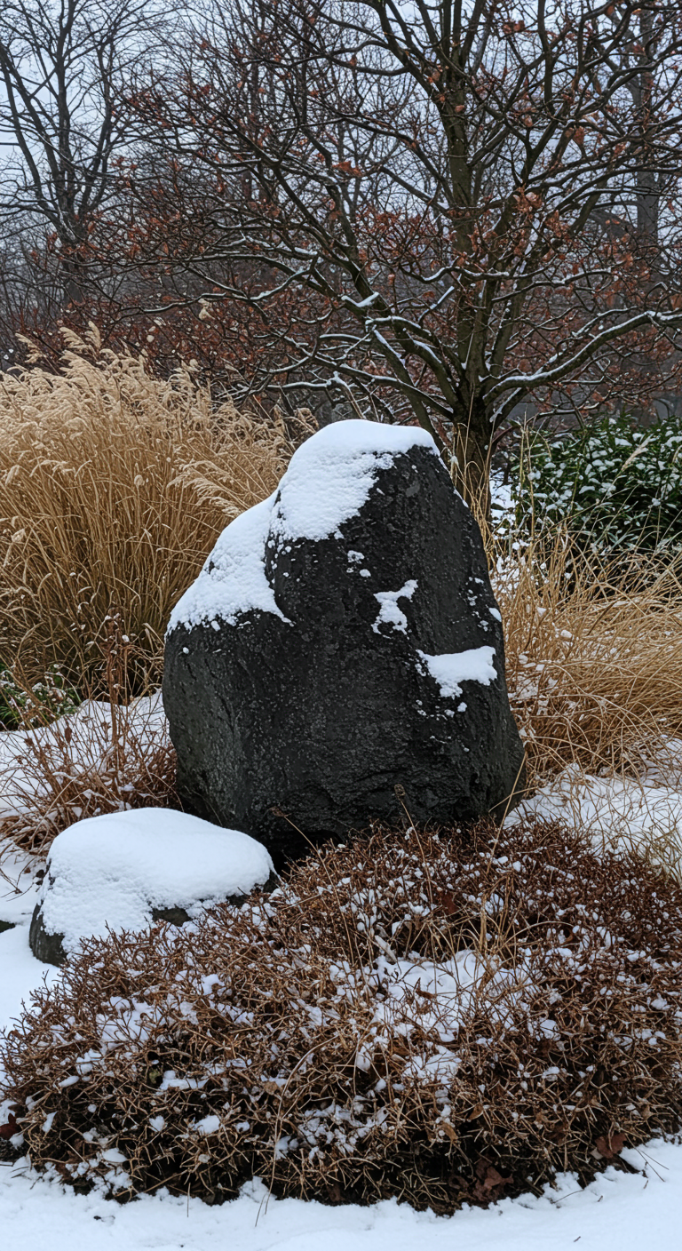 Großer, dunkler Findling mit Schneekappe inmitten von winterlichen Gräsern.