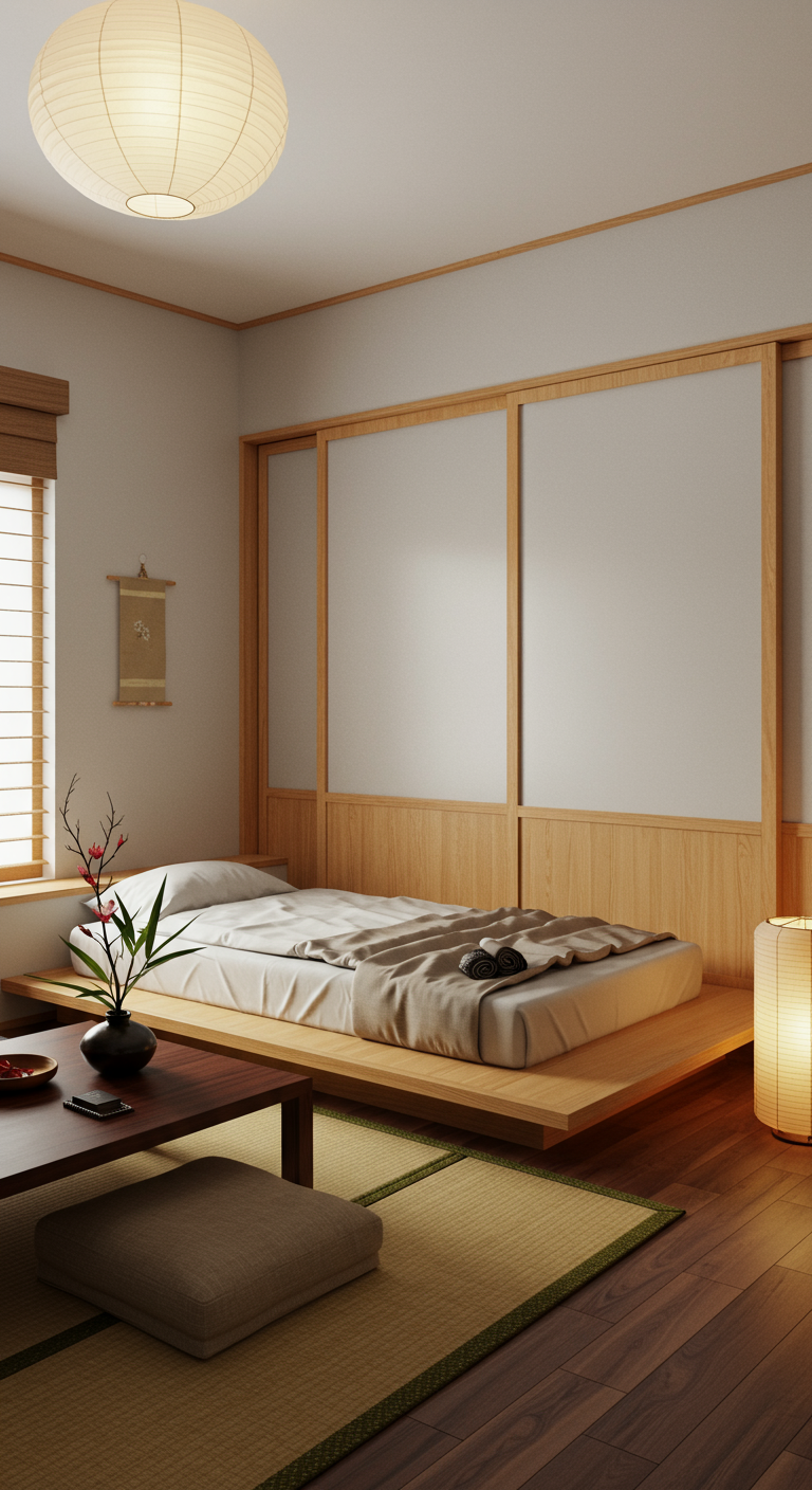Minimalistisches Schlafzimmer im japanischen Stil mit niedrigem Bett.