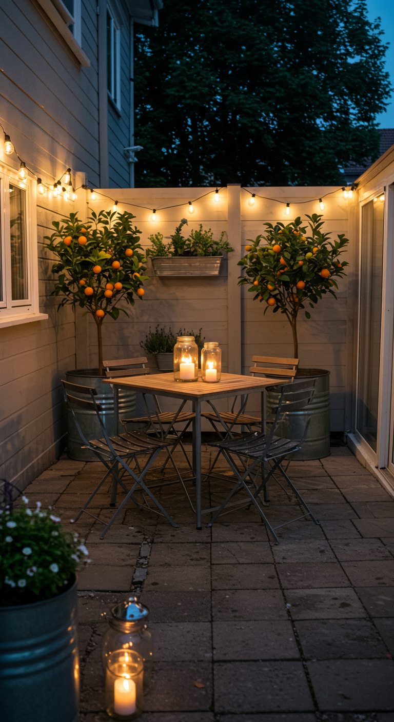 Kleine Terrasse mit Zinkwannen als Pflanzkübel für Orangenbäume, Klappmöbeln und Lichterkette.