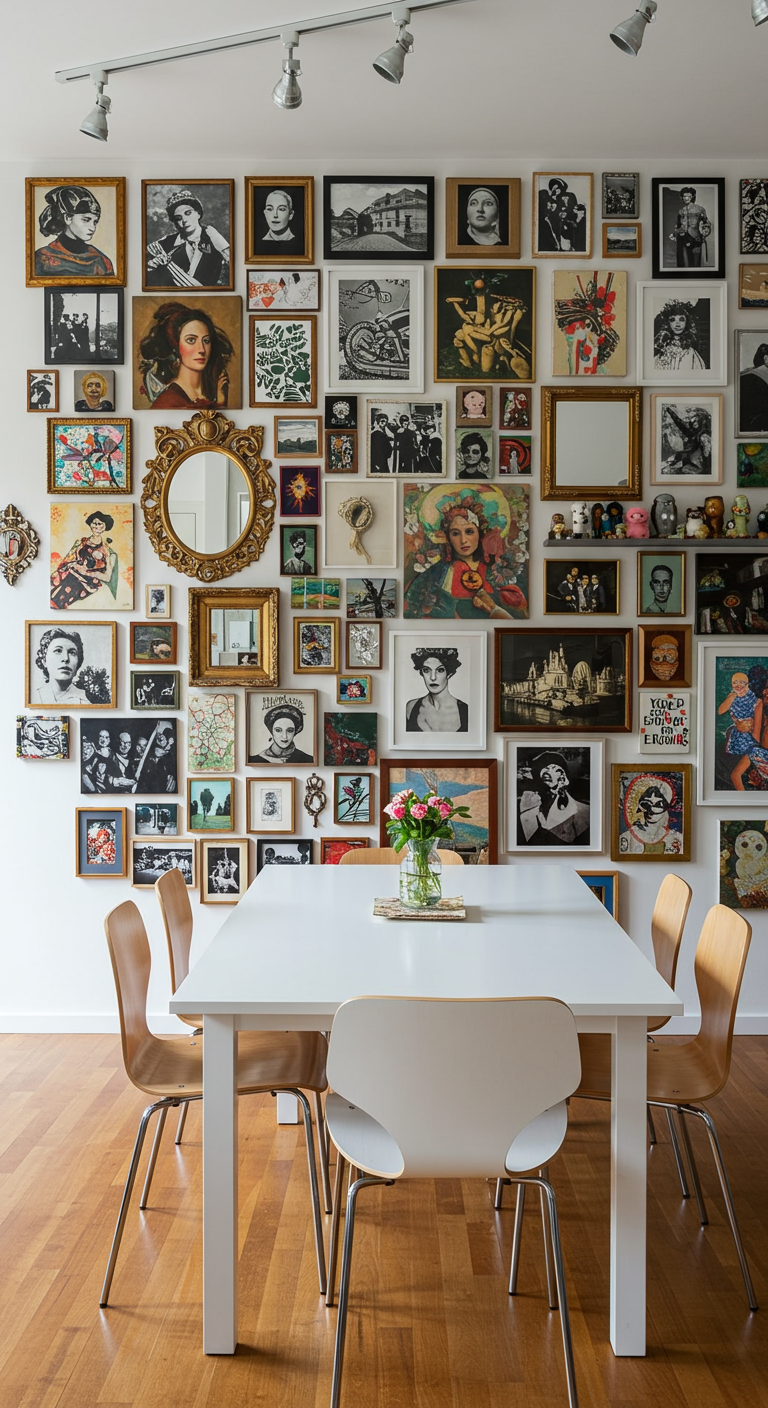 Esszimmer mit einer großen Galeriewand voller verschiedener Bilder