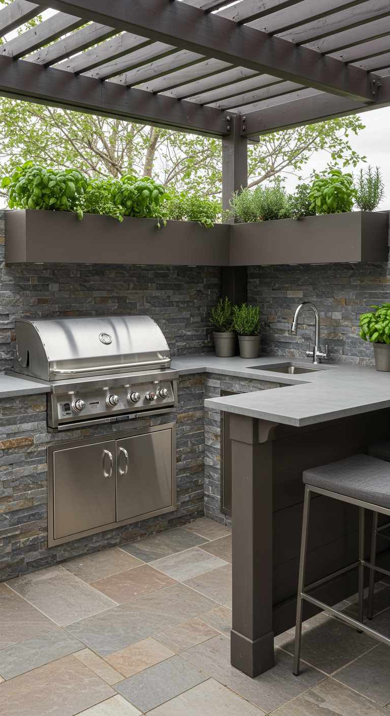 Moderne Outdoor-Küche mit Grill, Spüle, Steinverkleidung und Kräuterleiste unter einer Pergola.