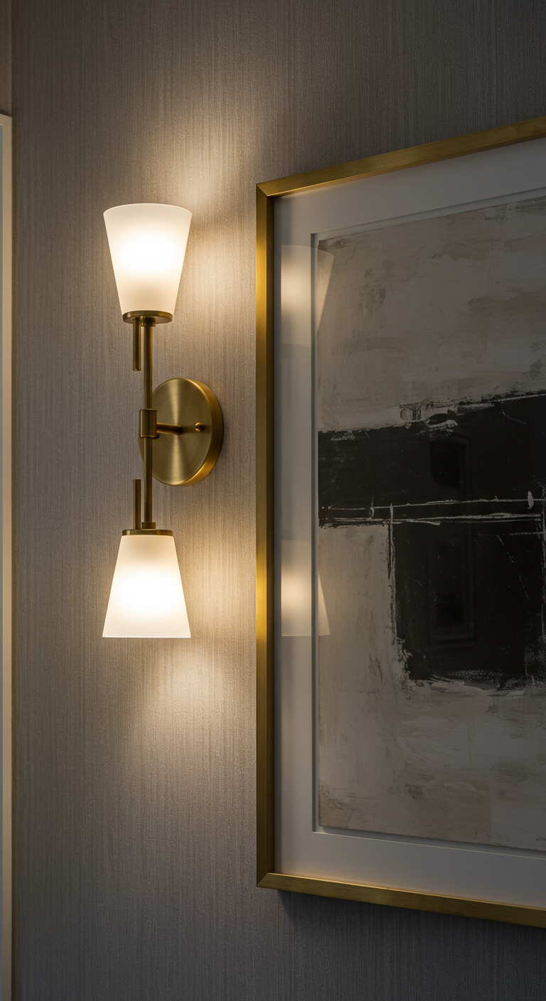 Moderne Wandlampe aus Messing wirft warmes Licht an eine strukturierte Wand neben einem Bild.