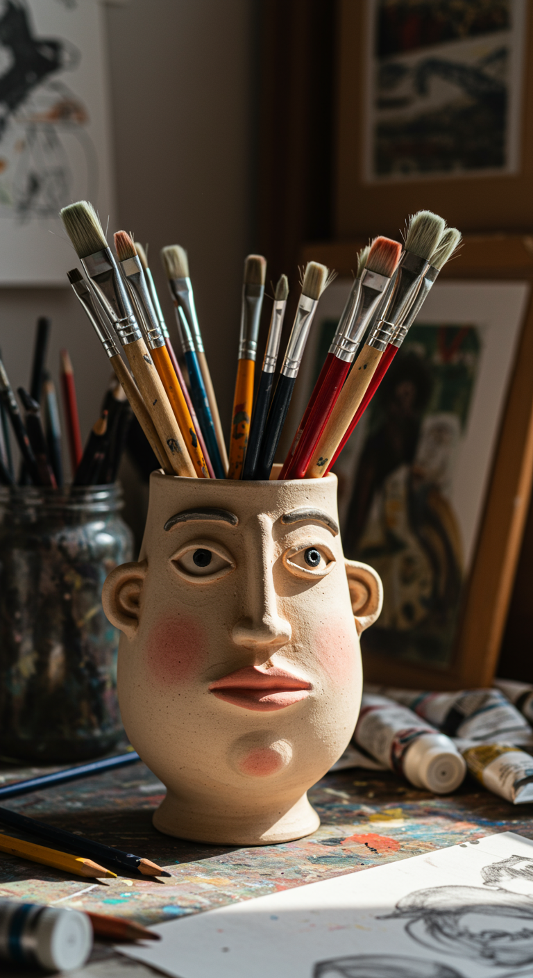 Keramikvase in Form eines Gesichts, gefüllt mit Malpinseln auf einem kreativen Schreibtisch.