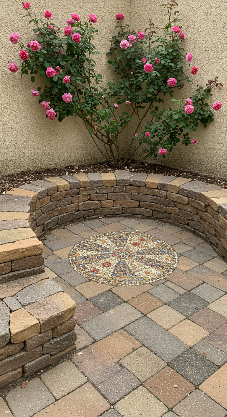 Rundes Kieselmosaik in Sternform auf einer Terrasse mit Pflastersteinen und Rosenstrauch.