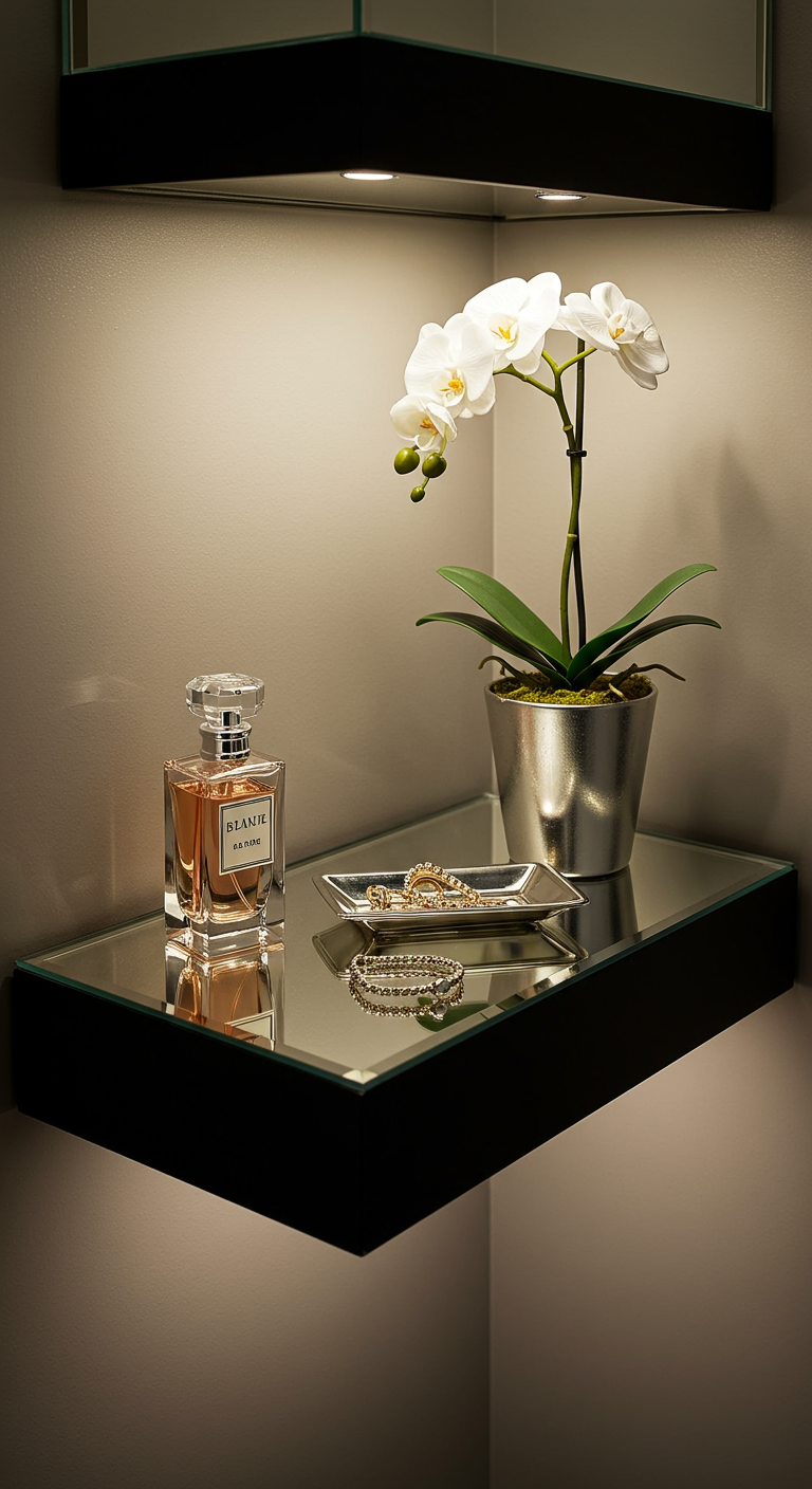 Kleines, beleuchtetes Eckregal mit Orchidee, Parfüm und Schmuck.