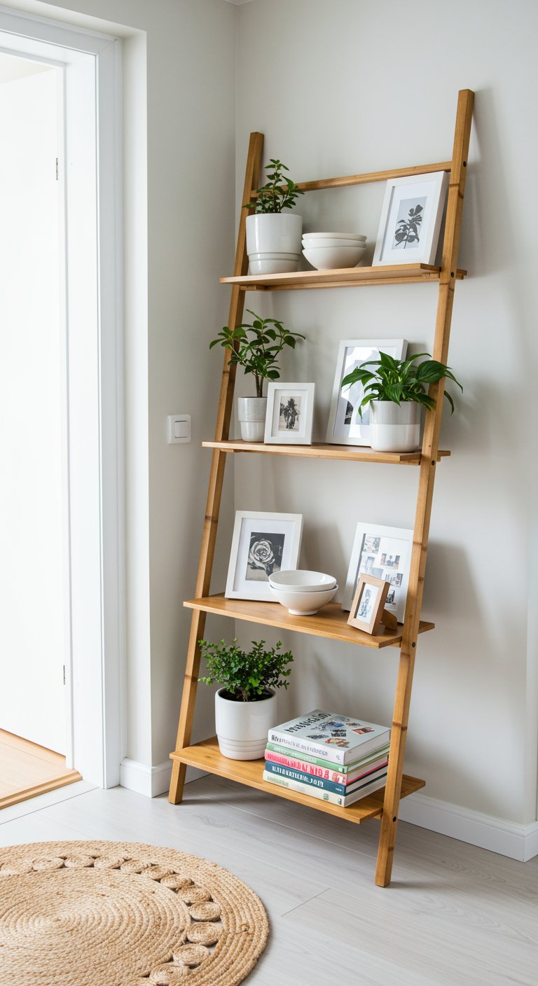 Helles Holz-Leiterregal mit Pflanzen, Büchern und Deko im Flur