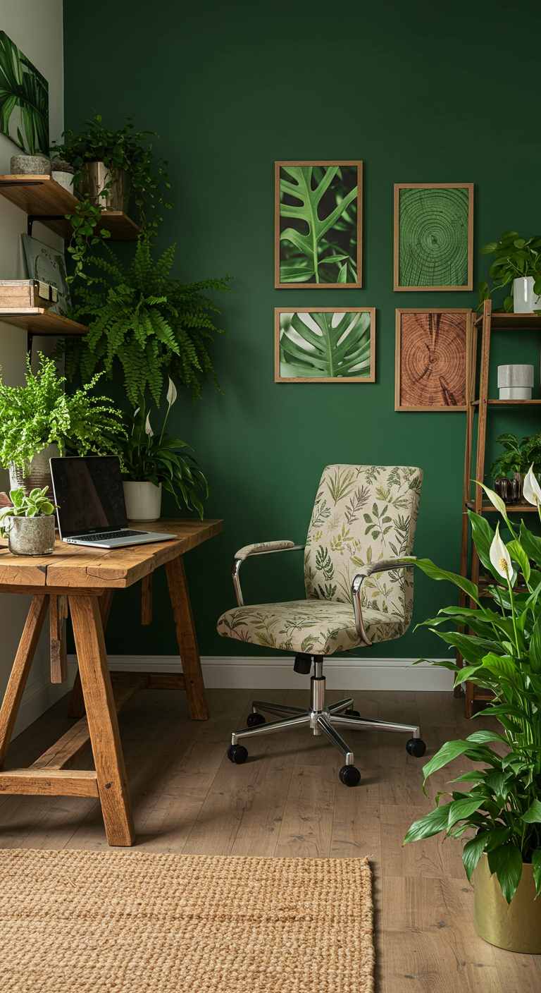 Naturnahes Home Office mit Holztisch, vielen Pflanzen und grüner Wandfarbe.