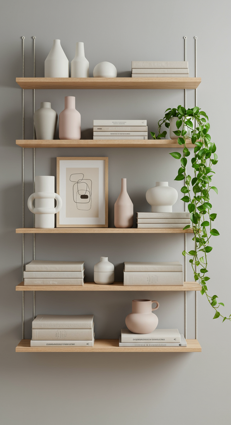 Offenes Wandregal aus Holz mit heller Keramik, Büchern und einer Pflanze.