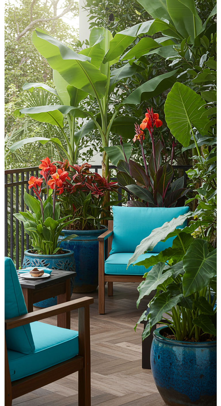 Balkon mit großen exotischen Pflanzen wie Bananenstauden und Canna in blauen Töpfen.