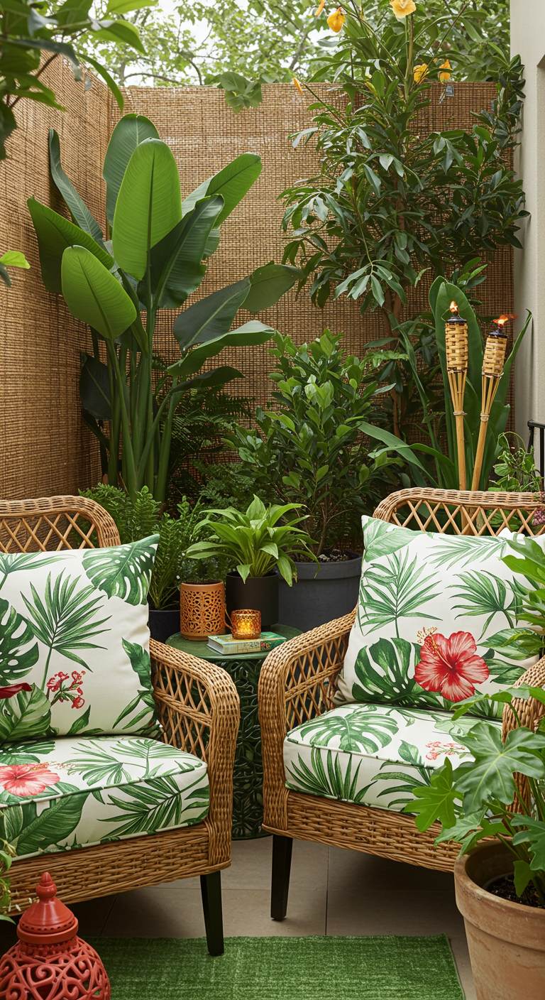 Tropisch gestalteter Balkon mit Rattanmöbeln, Palmenmustern und Bambussichtschutz.