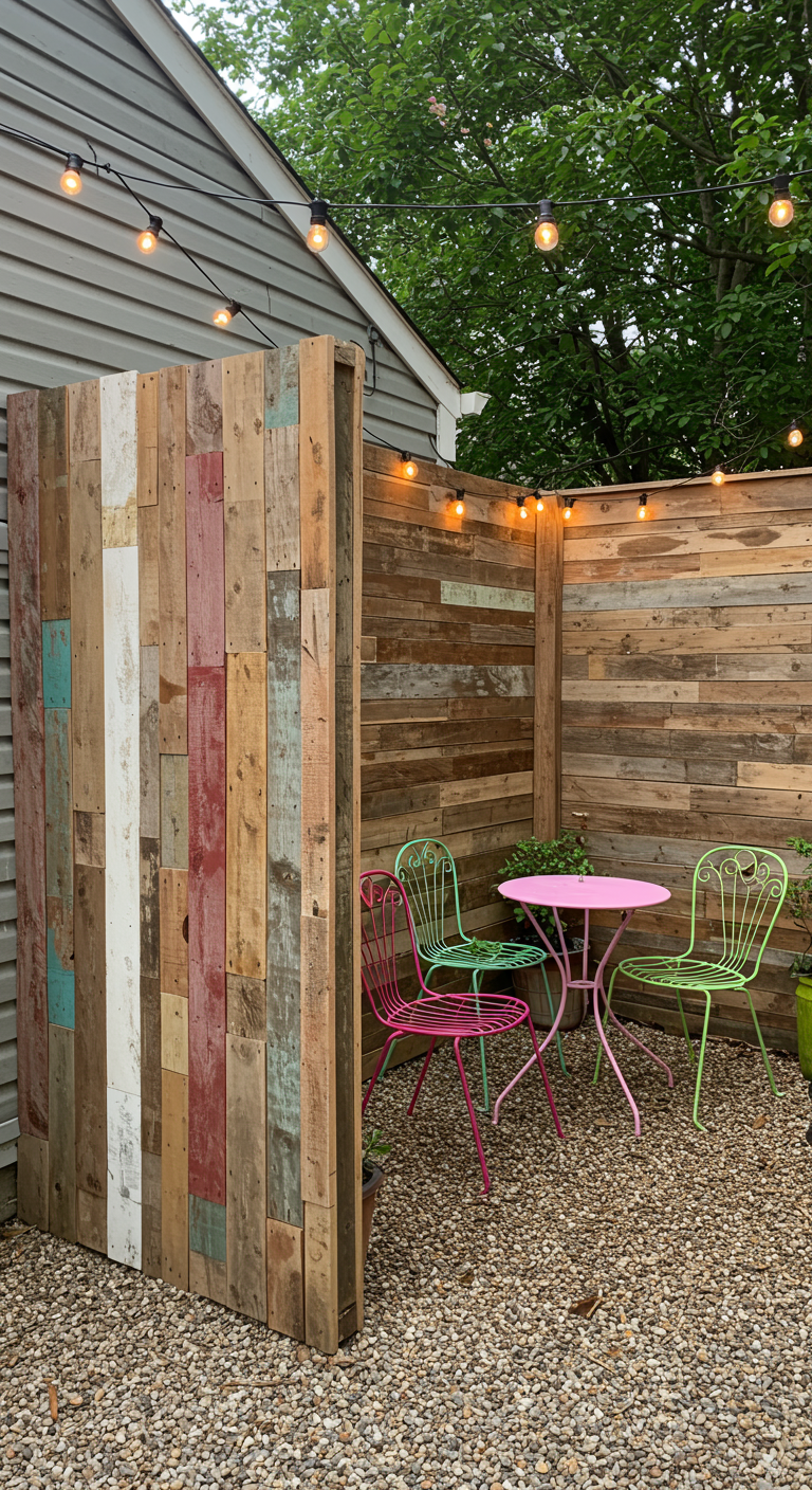 DIY-Sichtschutzwand aus bunten, recycelten Holzbrettern.