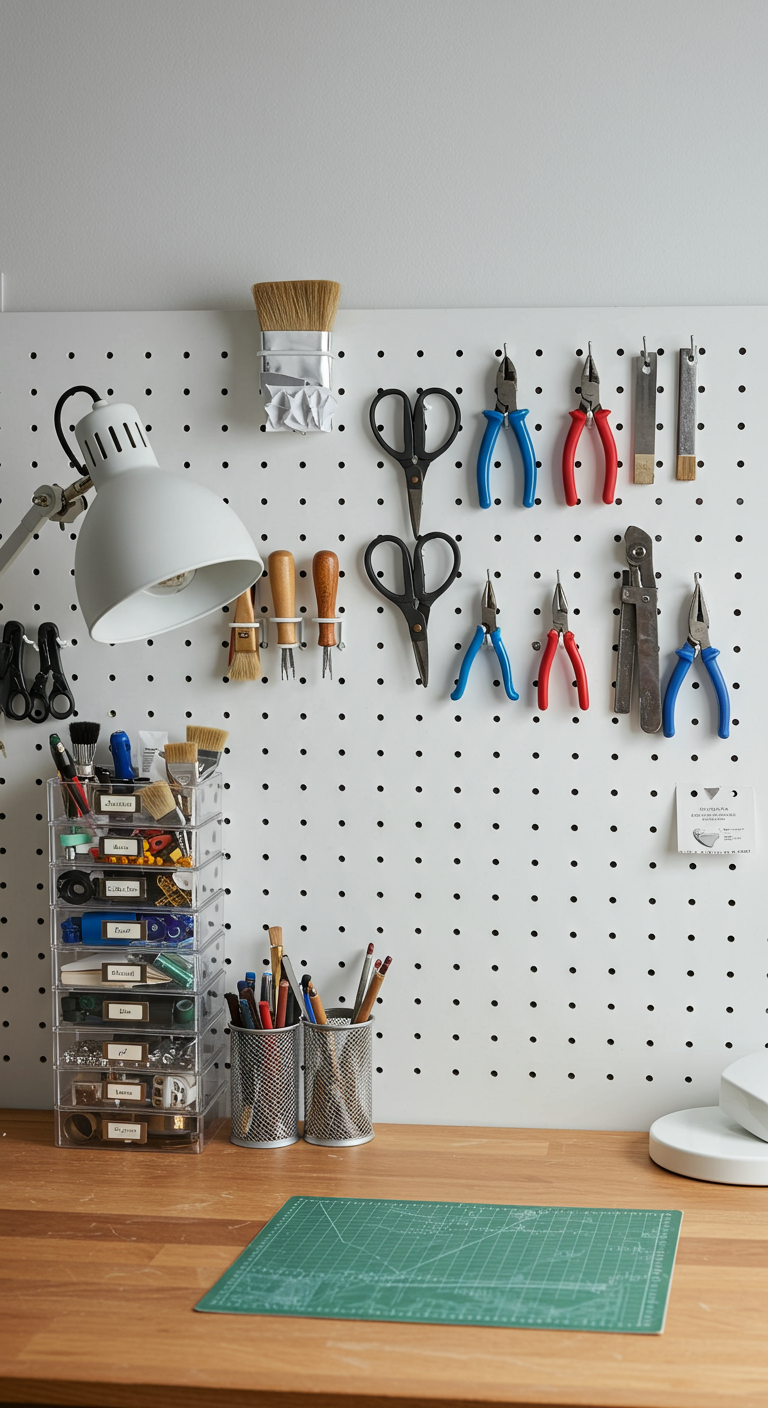 Weiße Lochplatte (Pegboard) über einem Schreibtisch, ordentlich bestückt mit Werkzeugen und Büromaterial.
