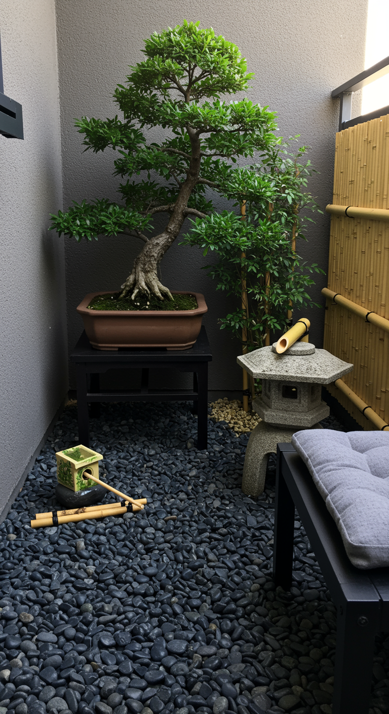 Mini-Zen-Garten auf Balkon mit Kieselsteinen, Bonsai, Bambus und Steinlaterne.