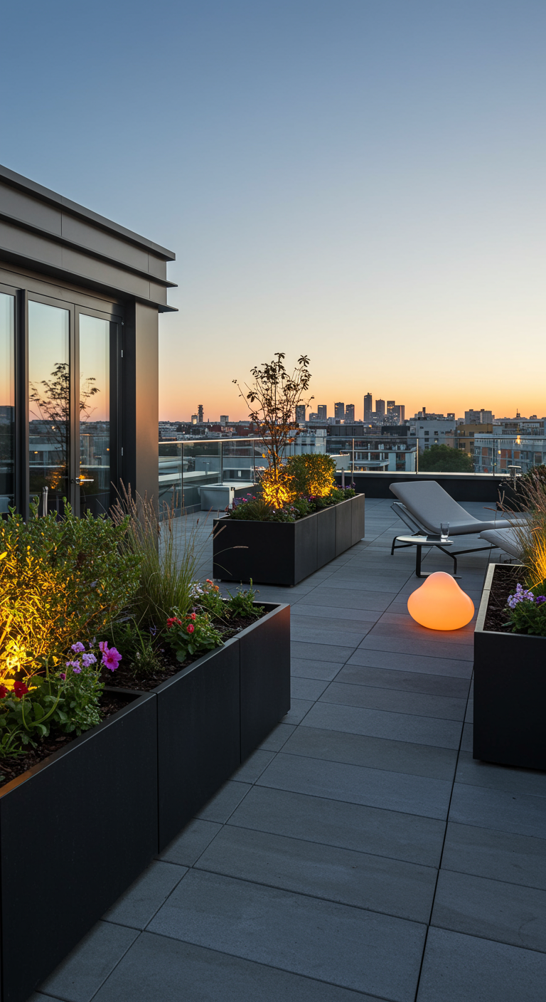 Moderne Dachterrasse mit Pflanzen, Beleuchtung und Stadtblick bei Sonnenuntergang