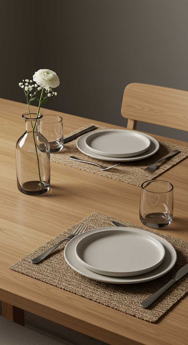 Minimalistisch gedeckter Esstisch mit zwei Gedecken, grauen Tellern und einer einzelnen Blume in einer Glasvase.