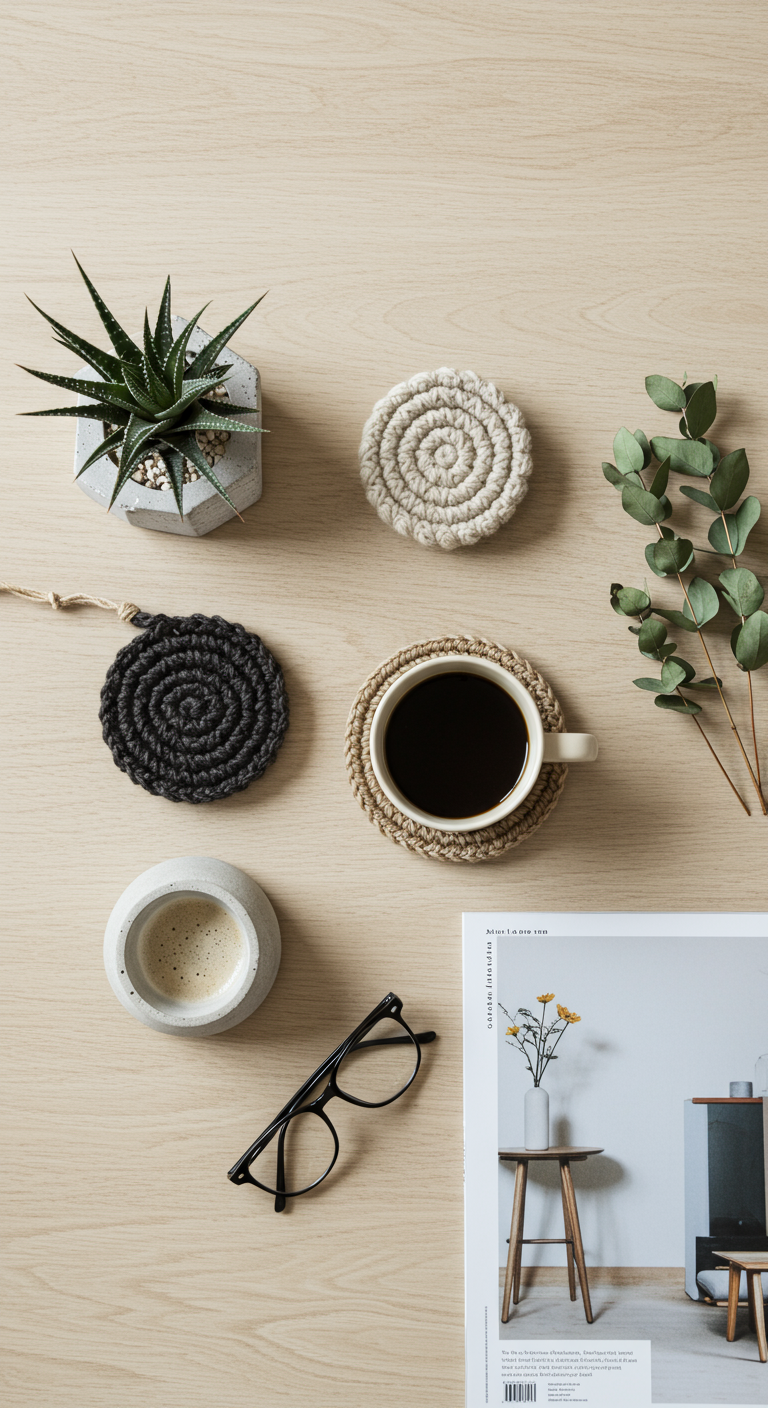 Tisch-Arrangement von oben mit Kaffee, Pflanze, Untersetzern und Brille.