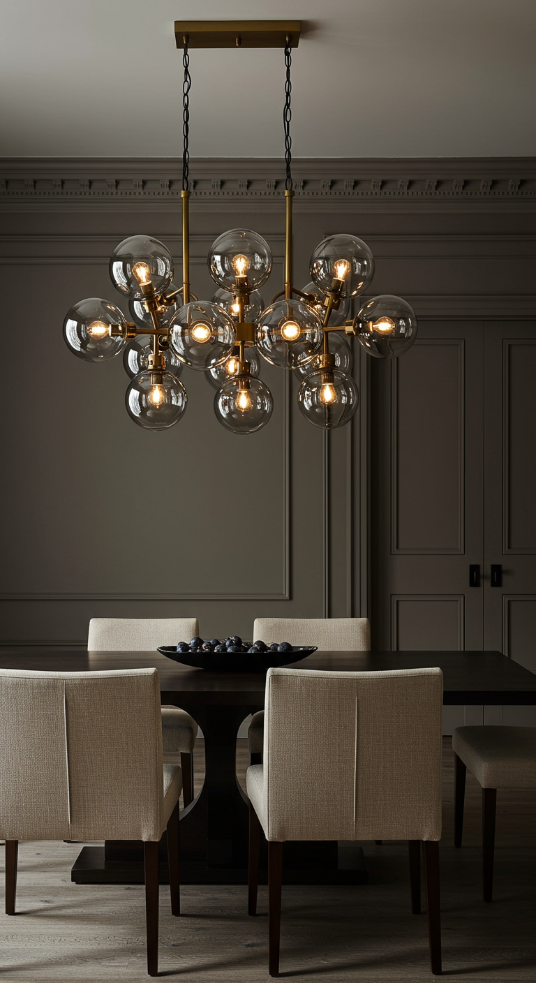 Elegantes Esszimmer mit dunklen Wänden und großer Glaskugel-Leuchte