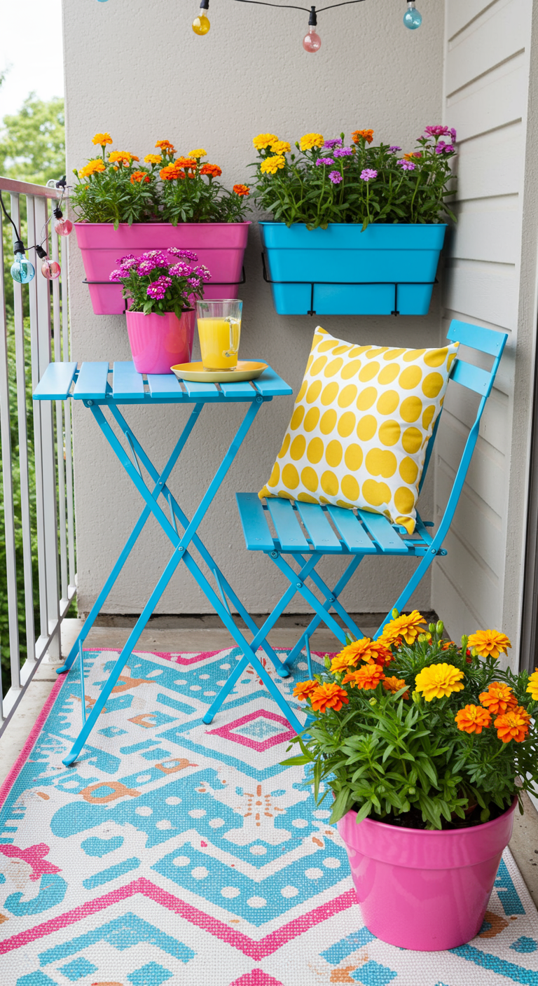 Farbenfrohes Bistro-Set in Türkis auf Balkon mit bunten Blumen und Teppich.