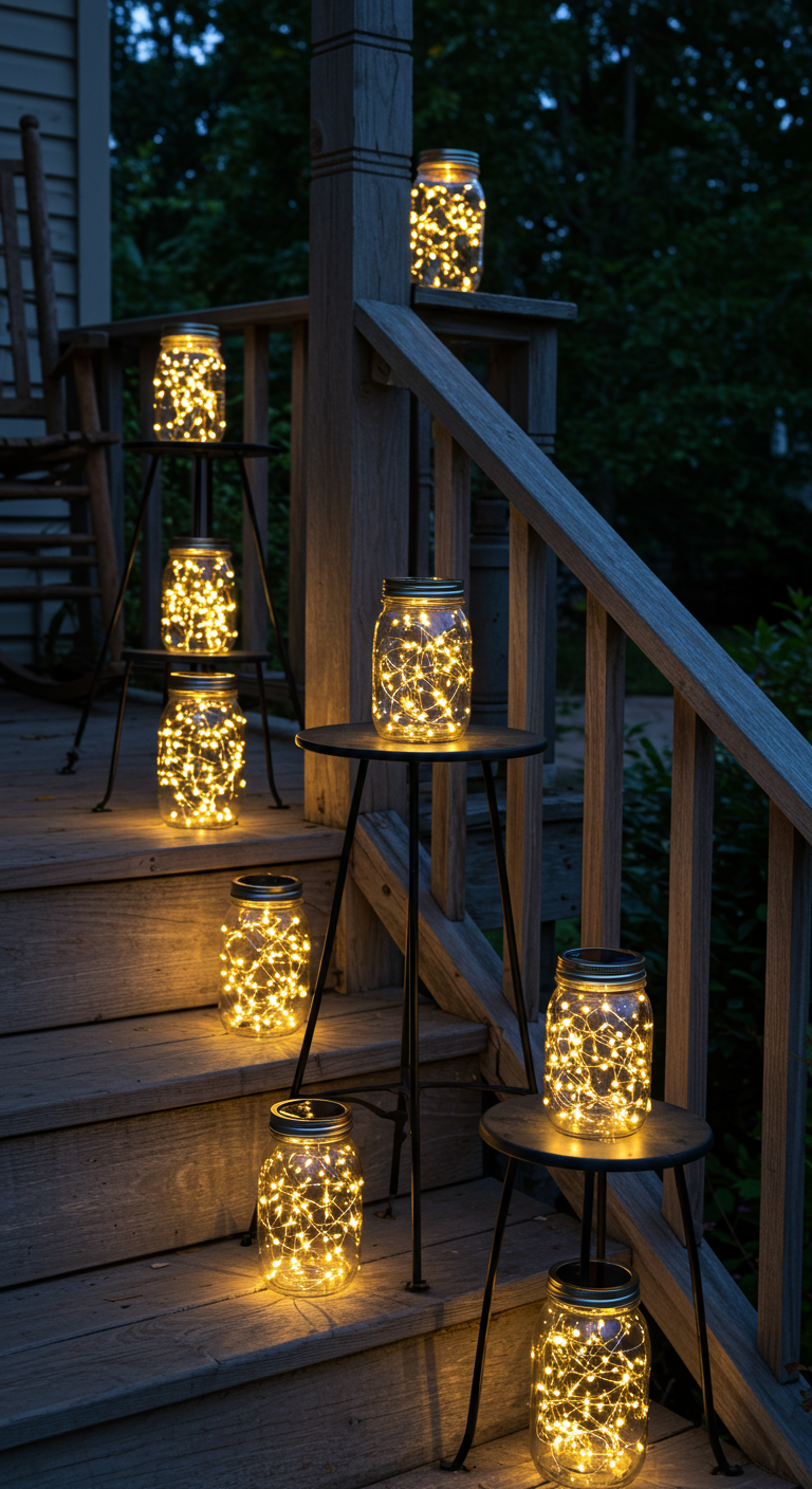 Mehrere Einmachgläser, gefüllt mit leuchtenden Draht-Lichterketten, stehen auf einer Holztreppe.