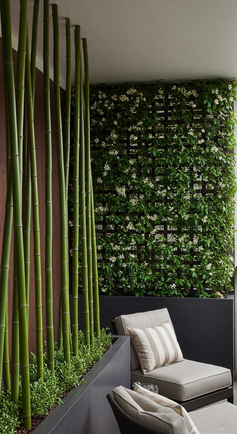 Moderner Balkon mit Bambusrohren und einer bewachsenen Kletterwand als Sichtschutz neben Lounge-Möbeln.