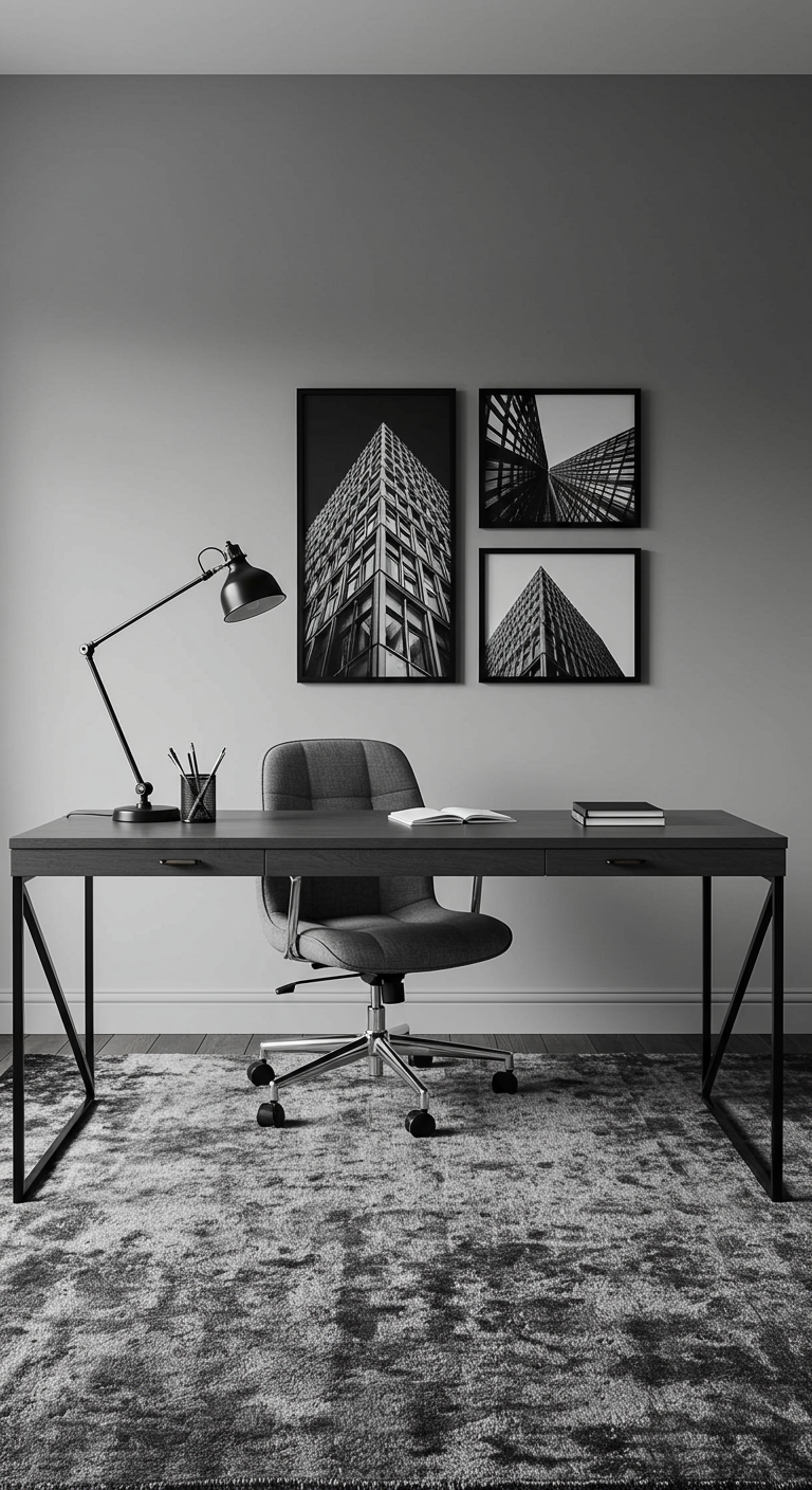Modernes Home Office in Schwarz-Weiß mit grafischen Elementen und dunklem Schreibtisch.
