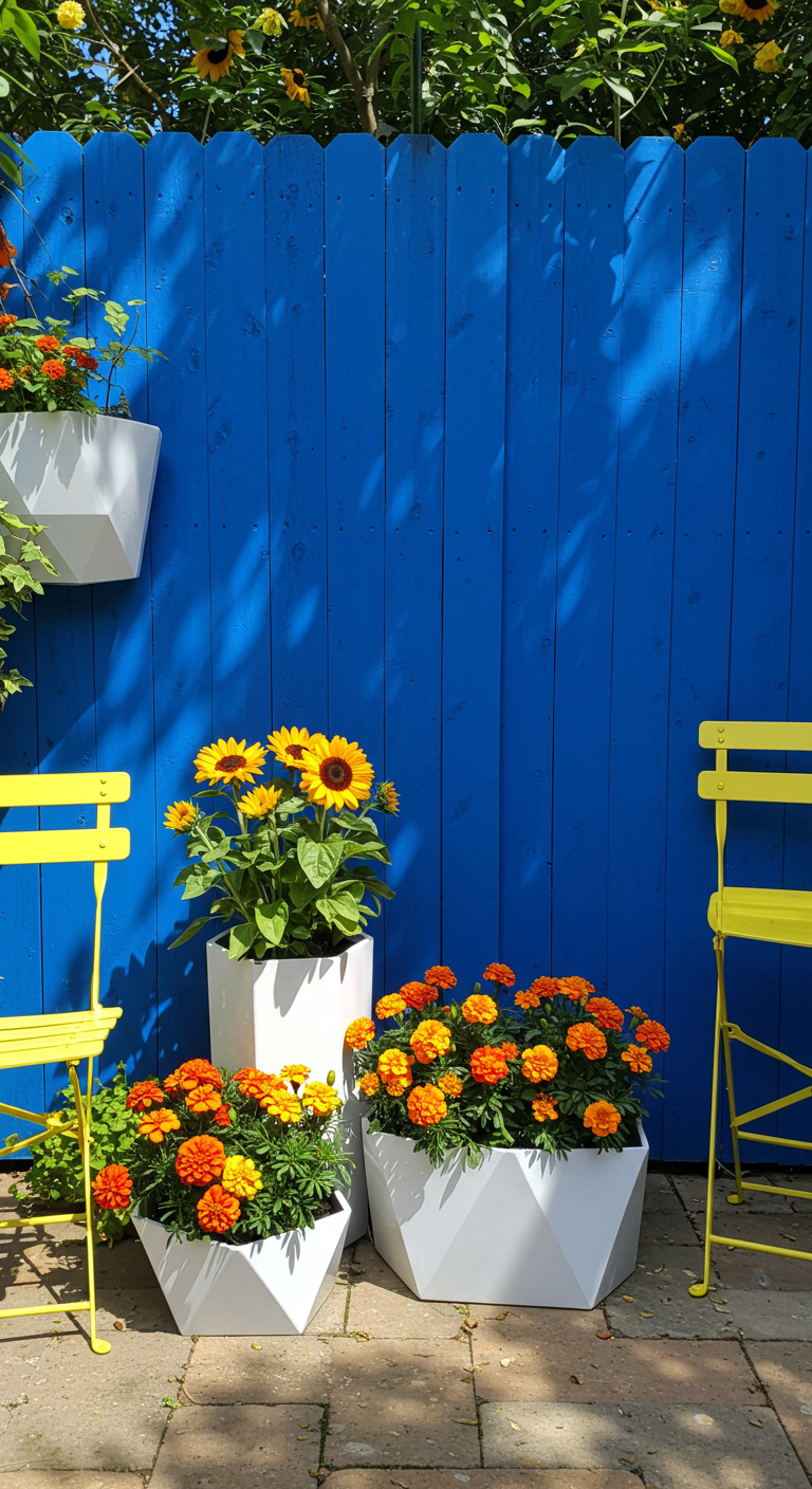Gartenecke mit leuchtend blauer Wand, gelben Stühlen und Blumen in Gelb und Orange.