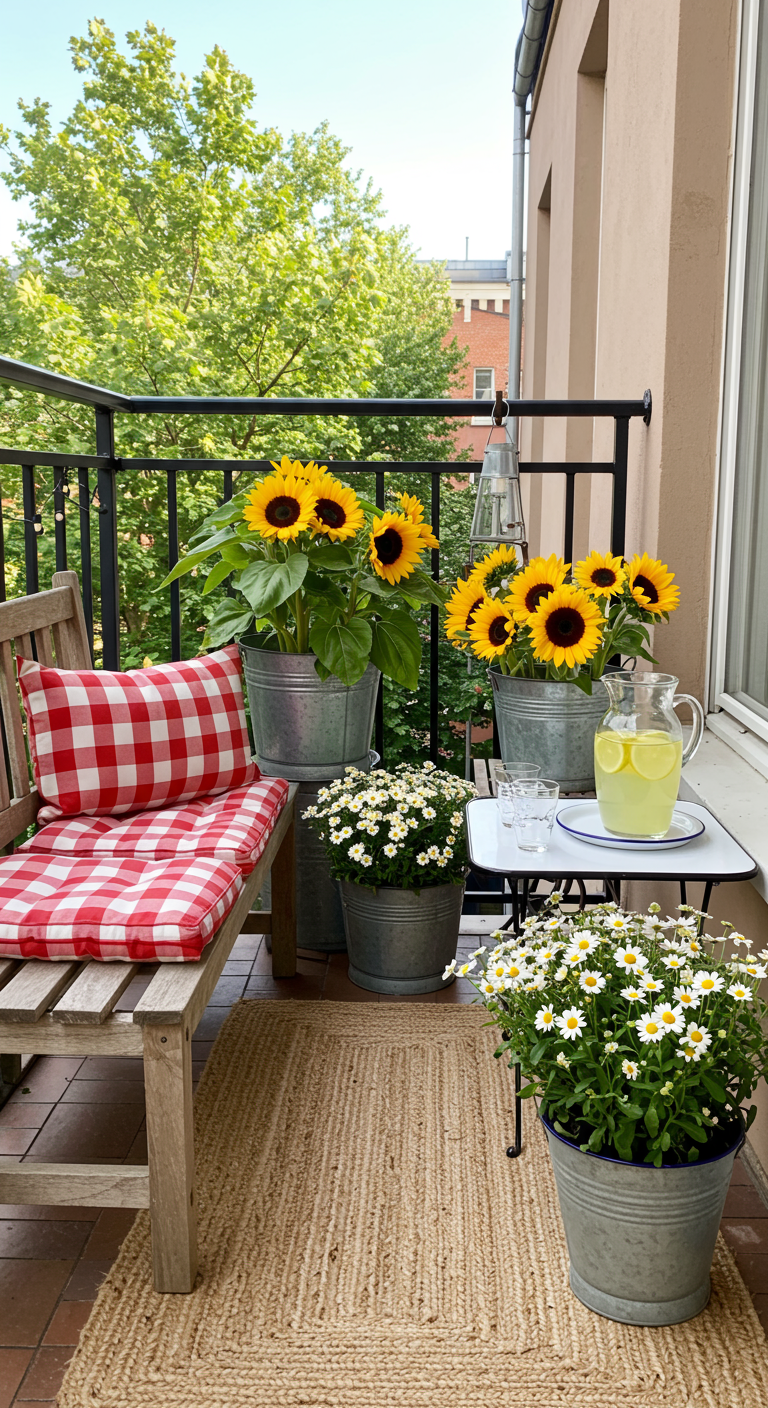 Balkon im Landhausstil mit Holzbank, Sonnenblumen in Zinkeimern und Juteteppich.
