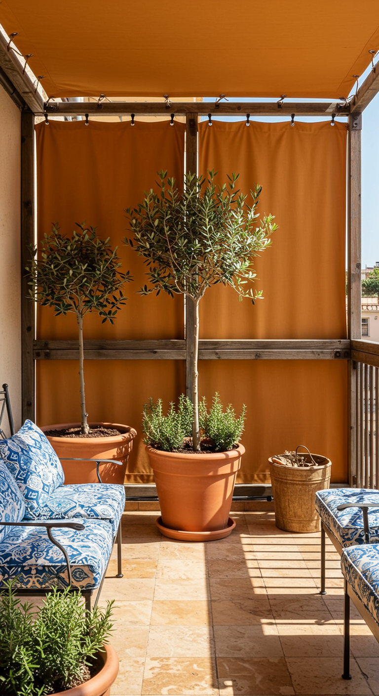 Terrakottafarbene Stoffbahnen als Sicht- und Sonnenschutz auf einem mediterranen Balkon