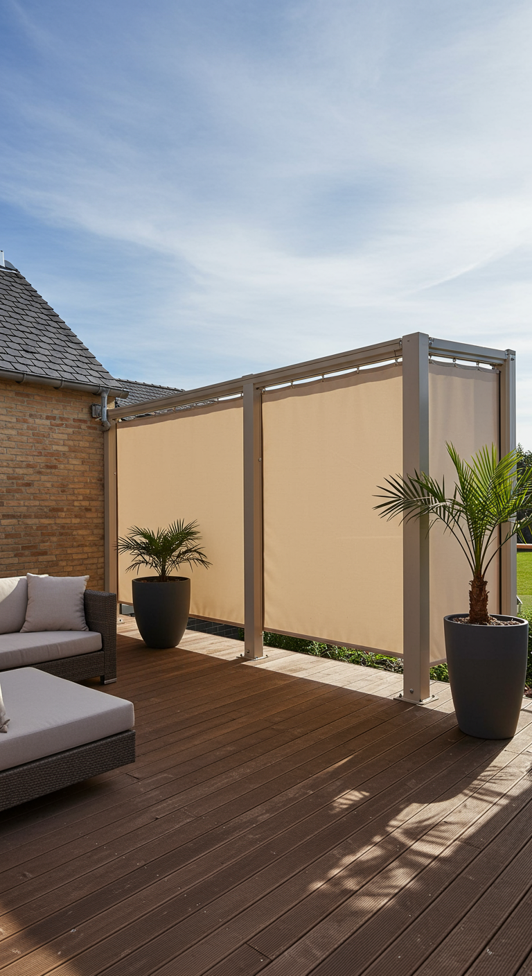Ausziehbare Seitenmarkise aus beigem Stoff als Sichtschutz auf einer Holzterrasse.