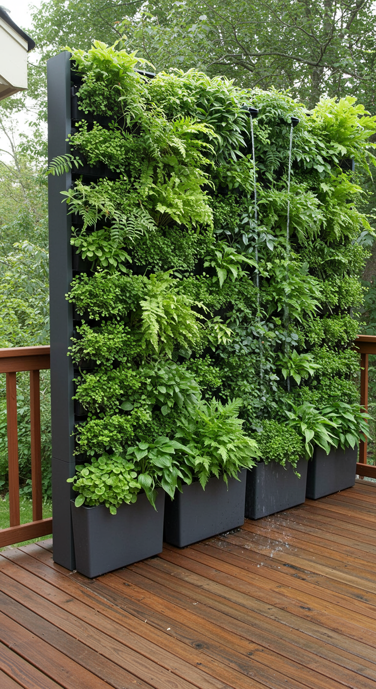 Große vertikale Gartenwand (Living Wall) dicht bepflanzt mit verschiedenen Grünpflanzen.
