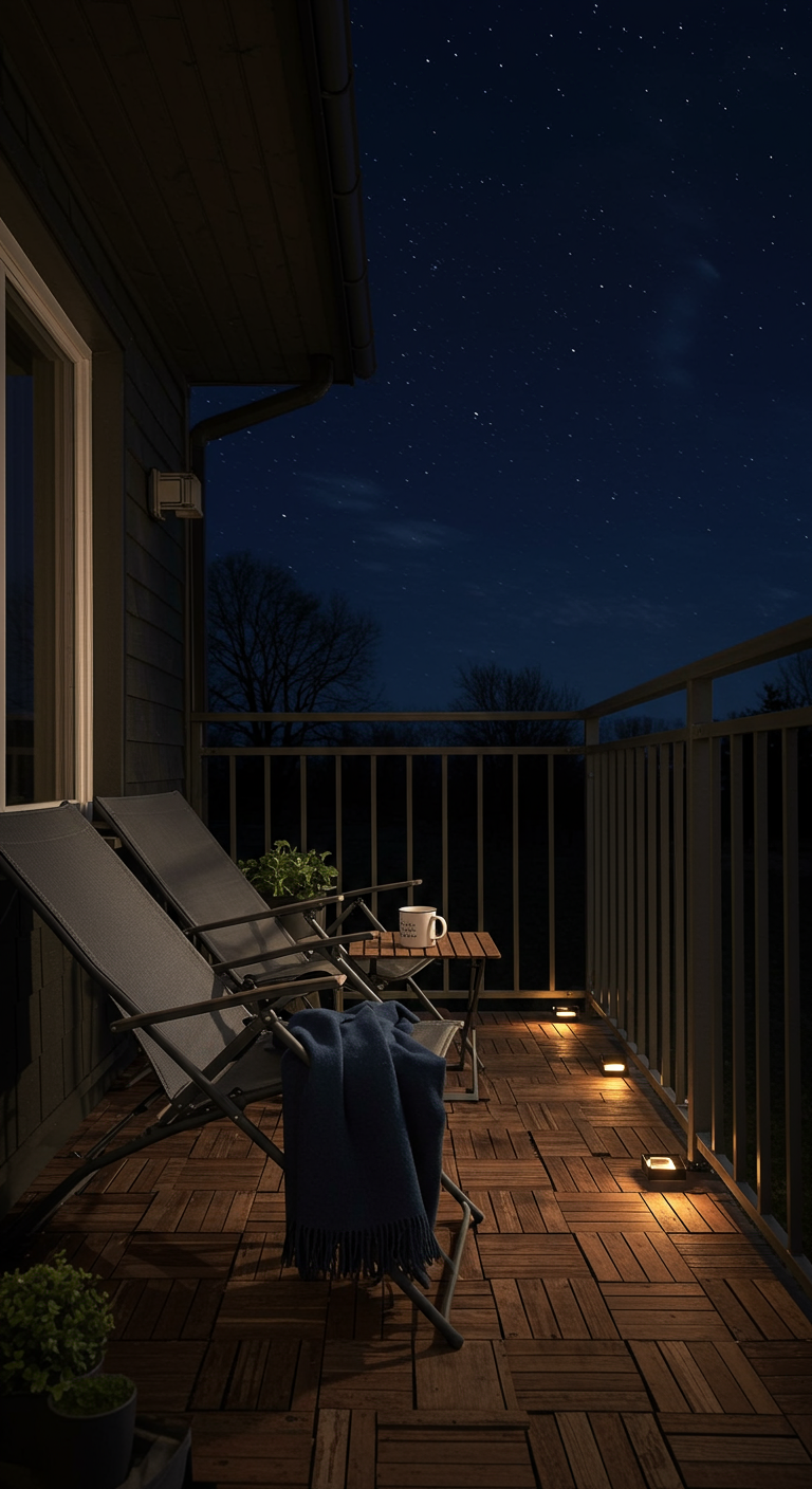 Zwei Liegestühle auf einem Holzbalkon bei Nacht unter dem Sternenhimmel, mit Bodenleuchten.