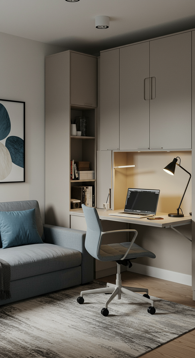 In eine Wohnwand integrierter Arbeitsplatz mit hellem Holz und grauem Sofa daneben.