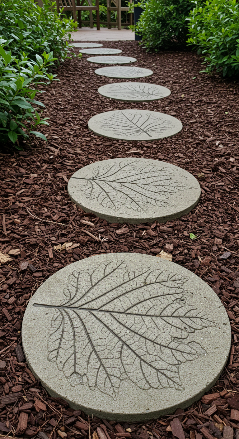 Runde Beton-Trittsteine mit Blattabdrücken, auf Rindenmulch verlegt.