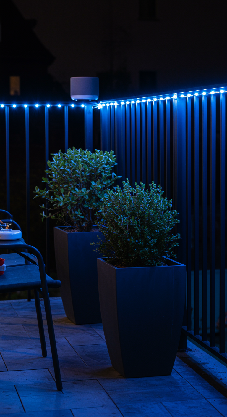 Balkongeländer bei Nacht, beleuchtet von einem blauen LED-Streifen.
