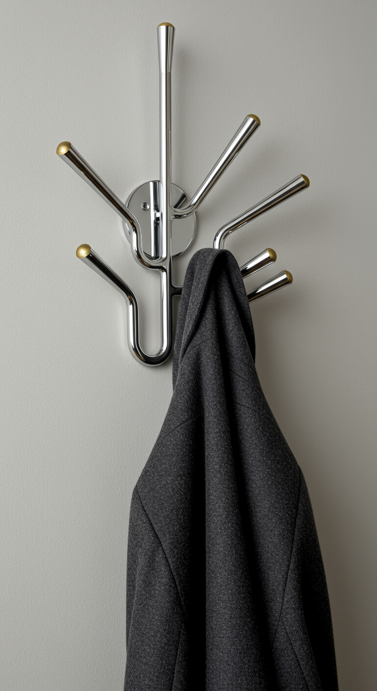 Moderner, skulpturaler Wandhaken aus Chrom an einer grauen Wand