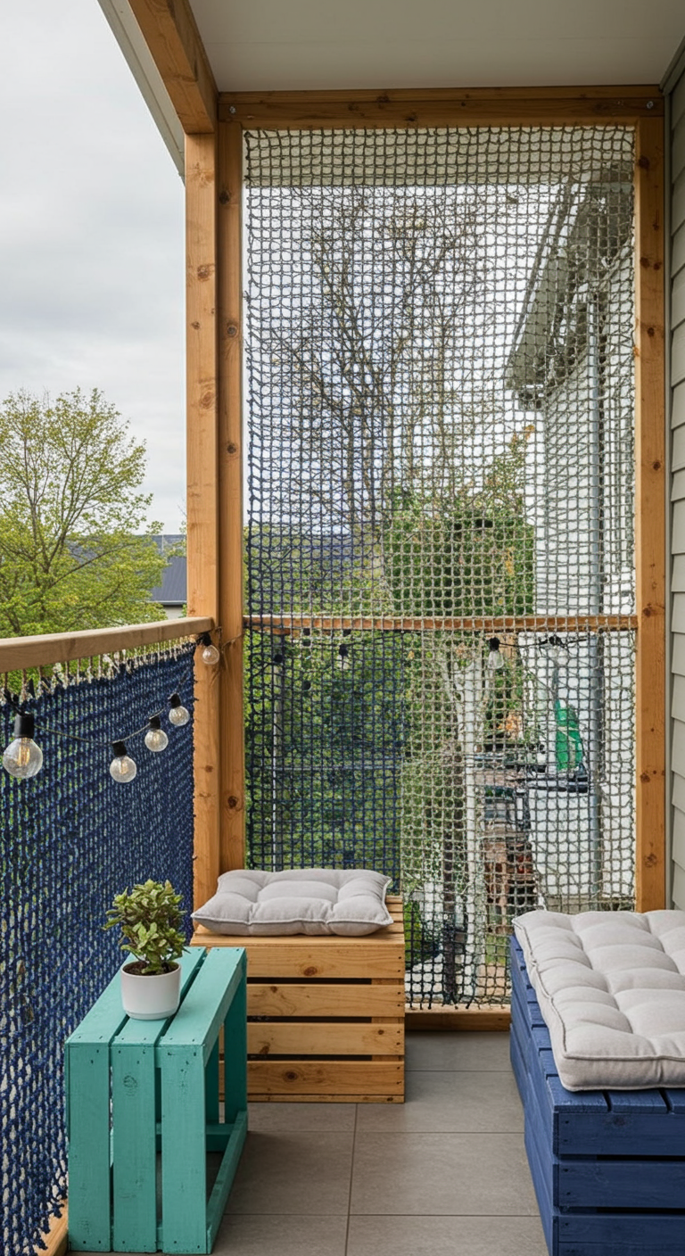 Geknüpftes Netz als luftiger Sichtschutz an einem Holzrahmen auf dem Balkon